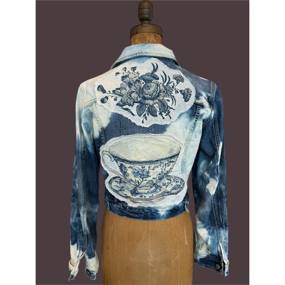 Distressed/Upcycled Denim Jacket| Vintage Teacup Patchwork| Soft Grunge| Medium - Picture 6 of 6